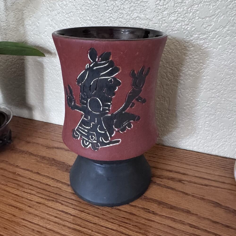 Ceramic Goblet Vase Aztec Mayan Style Figure Red Black 8 1/8” Tall Pottery